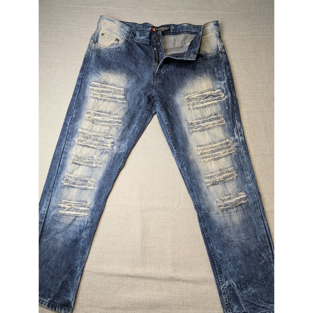 Southpole Mens Distressed Acid Wash Straight Leg Denim Jeans‎ Blue 38x32 RN82628